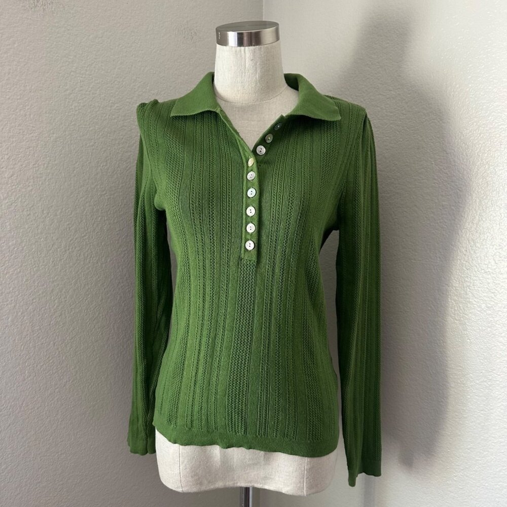 Frnch Paris Pointelle Sweater Front Closure Long Sleeve Green Sz L